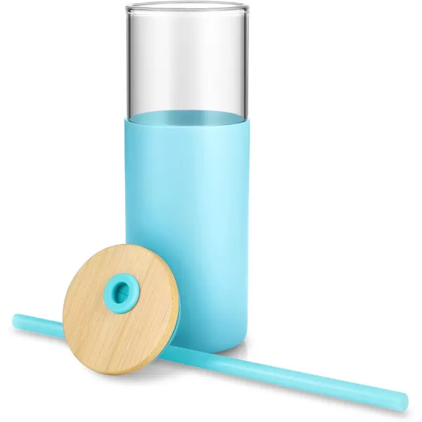 Tronco 24 oz Glass Tumbler with Straw and Lid  Glass Cup with Lid and Straw Smoothie Cup Iced Coffee Cup  Bamboo Lid and Protective Silicone Sleeve  BPAFreeCape Cod Blue
