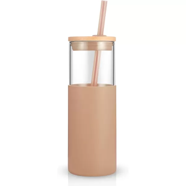 Tronco 24 oz Glass Tumbler with Straw and Lid  Glass Cup with Lid and Straw Smoothie Cup Iced Coffee Cup  Bamboo Lid and Protective Silicone Sleeve  BPAFreeAmber