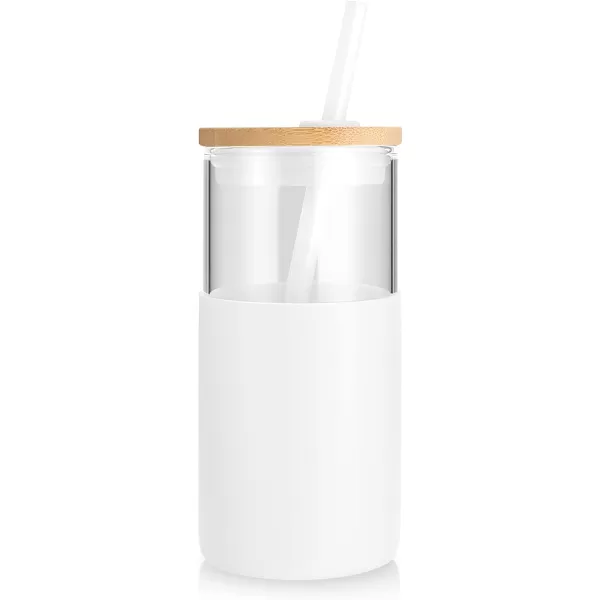 Tronco 24 oz Glass Tumbler with Straw and Lid  Glass Cup with Lid and Straw Smoothie Cup Iced Coffee Cup  Bamboo Lid and Protective Silicone Sleeve  BPAFreeWhite2 Pack