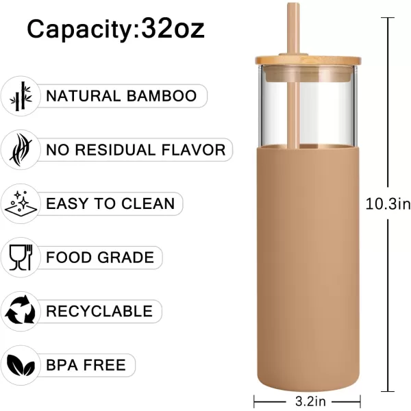 Tronco 24 oz Glass Tumbler with Straw and Lid  Glass Cup with Lid and Straw Smoothie Cup Iced Coffee Cup  Bamboo Lid and Protective Silicone Sleeve  BPAFreeAmber