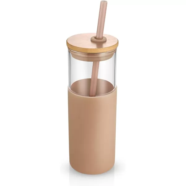 Tronco 24 oz Glass Tumbler with Straw and Lid  Glass Cup with Lid and Straw Smoothie Cup Iced Coffee Cup  Bamboo Lid and Protective Silicone Sleeve  BPAFreeAmber