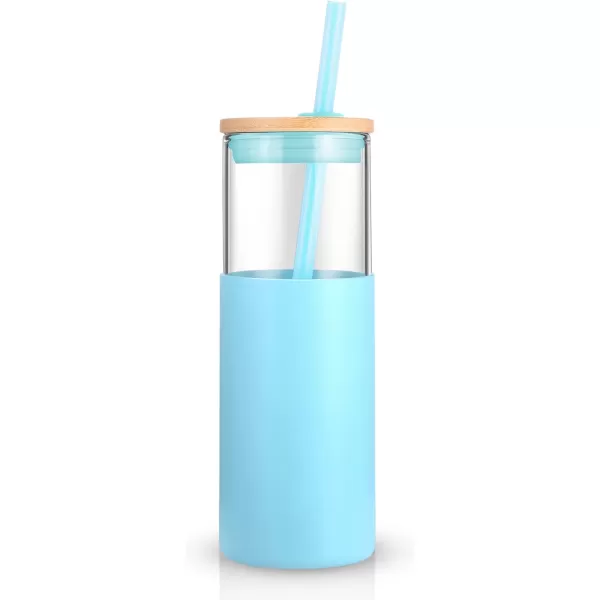 Tronco 24 oz Glass Tumbler with Straw and Lid  Glass Cup with Lid and Straw Smoothie Cup Iced Coffee Cup  Bamboo Lid and Protective Silicone Sleeve  BPAFreeCape Cod Blue
