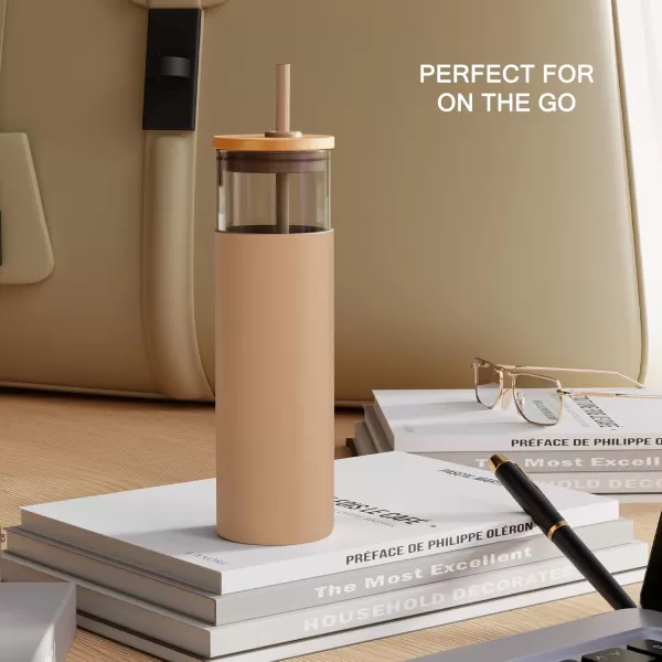 Tronco 24 oz Glass Tumbler with Straw and Lid  Glass Cup with Lid and Straw Smoothie Cup Iced Coffee Cup  Bamboo Lid and Protective Silicone Sleeve  BPAFreeAmber