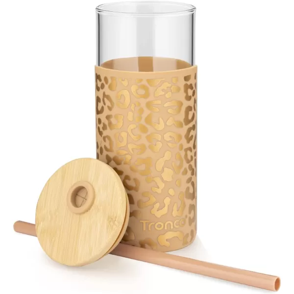Tronco 24 oz Glass Tumbler with Straw and Lid  Glass Cup with Lid and Straw Smoothie Cup Iced Coffee Cup  Bamboo Lid and Protective Silicone Sleeve  BPAFreeAmber leopard