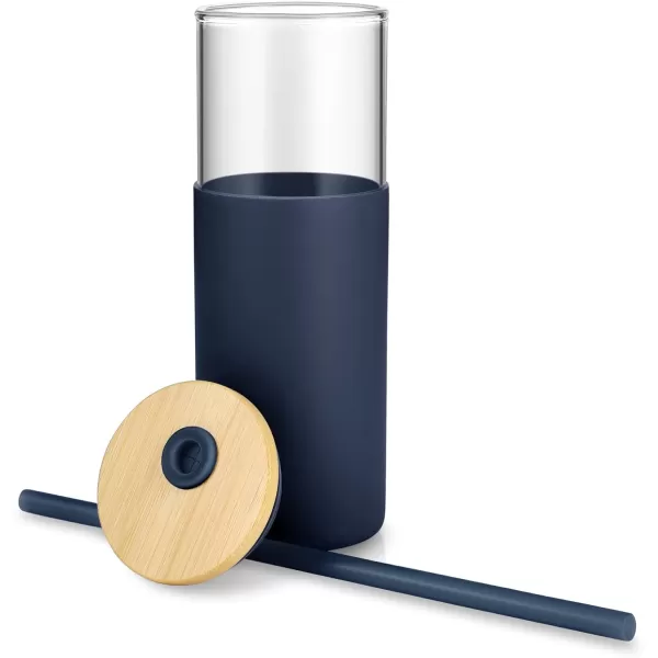Tronco 24 oz Glass Tumbler with Straw and Lid  Glass Cup with Lid and Straw Smoothie Cup Iced Coffee Cup  Bamboo Lid and Protective Silicone Sleeve  BPAFreeBlue Horizon