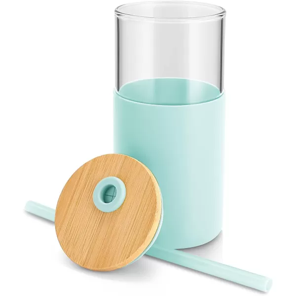 Tronco 24 oz Glass Tumbler with Straw and Lid  Glass Cup with Lid and Straw Smoothie Cup Iced Coffee Cup  Bamboo Lid and Protective Silicone Sleeve  BPAFreeBlessed Blue