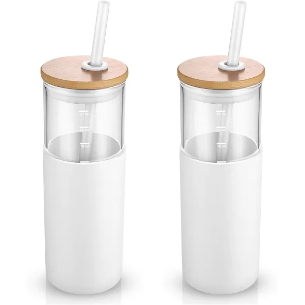 Tronco 24 oz Glass Tumbler with Straw and Lid  Glass Cup with Lid and Straw Smoothie Cup Iced Coffee Cup  Bamboo Lid and Protective Silicone Sleeve  BPAFreeWhite2 Pack