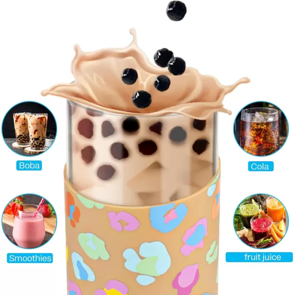 Tronco 24oz Glass Tumbler with Bamboo Lid and StrawIced Coffee Cup ReusableSmoothie Cup Spill Proof Glass Water Bottle With Silicone Protective Sleeve BPA Free