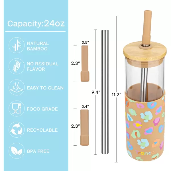 Tronco 24oz Glass Tumbler with Bamboo Lid and StrawIced Coffee Cup ReusableSmoothie Cup Spill Proof Glass Water Bottle With Silicone Protective Sleeve BPA Free