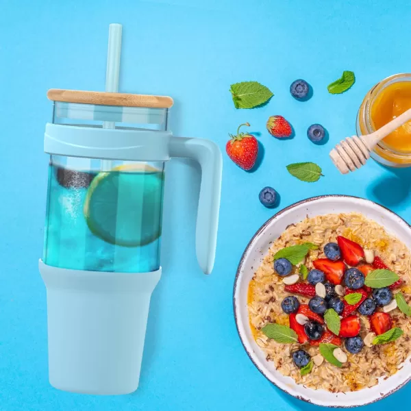 Tronco 40 oz Glass Tumbler with Straw and Lid Leakproof Flip Straw Reusable Glass Tumbler with Handle Iced Coffee Cup with Plastic Lid Glass Water Bottles Fit in Cup HolderSmoothie CupskyblueBamboo