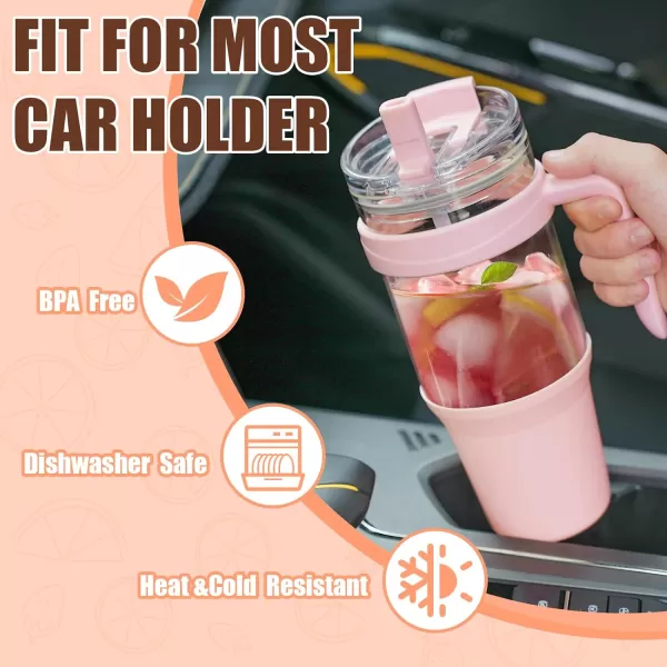 Tronco 40 oz Glass Tumbler with Straw and Lid Leakproof Flip Straw Reusable Glass Tumbler with Handle Iced Coffee Cup with Plastic Lid Glass Water Bottles Fit in Cup HolderSmoothie CupPink