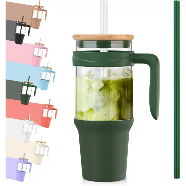 Tronco 40 oz Glass Tumbler with Straw and Lid Leakproof Flip Straw Reusable Glass Tumbler with Handle Iced Coffee Cup with Plastic Lid Glass Water Bottles Fit in Cup HolderSmoothie CupGreenBamboo