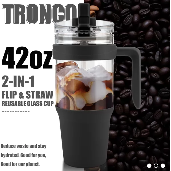 Tronco 40 oz Glass Tumbler with Straw and Lid Leakproof Flip Straw Reusable Glass Tumbler with Handle Iced Coffee Cup with Plastic Lid Glass Water Bottles Fit in Cup HolderSmoothie CupBlack