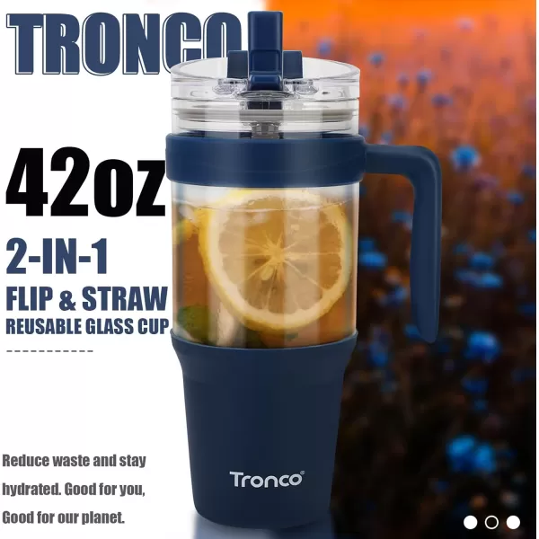 Tronco 40 oz Glass Tumbler with Straw and Lid Leakproof Flip Straw Reusable Glass Tumbler with Handle Iced Coffee Cup with Plastic Lid Glass Water Bottles Fit in Cup HolderSmoothie CupNavy Blue
