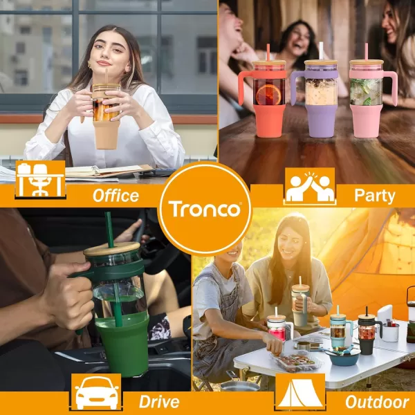 Tronco 40 oz Glass Tumbler with Straw and Lid Leakproof Flip Straw Reusable Glass Tumbler with Handle Iced Coffee Cup with Plastic Lid Glass Water Bottles Fit in Cup HolderSmoothie CupFrench GreyBamboo
