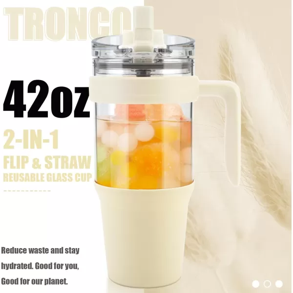Tronco 40 oz Glass Tumbler with Straw and Lid Leakproof Flip Straw Reusable Glass Tumbler with Handle Iced Coffee Cup with Plastic Lid Glass Water Bottles Fit in Cup HolderSmoothie CupCream