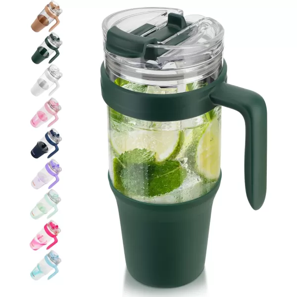 Tronco 40 oz Glass Tumbler with Straw and Lid Leakproof Flip Straw Reusable Glass Tumbler with Handle Iced Coffee Cup with Plastic Lid Glass Water Bottles Fit in Cup HolderSmoothie CupGreen