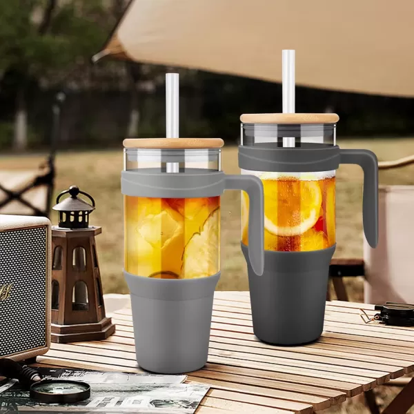 Tronco 40 oz Glass Tumbler with Straw and Lid Leakproof Flip Straw Reusable Glass Tumbler with Handle Iced Coffee Cup with Plastic Lid Glass Water Bottles Fit in Cup HolderSmoothie CupFrench GreyBamboo