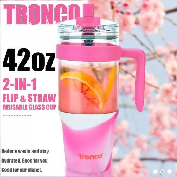 Tronco 40 oz Glass Tumbler with Straw and Lid Leakproof Flip Straw Reusable Glass Tumbler with Handle Iced Coffee Cup with Plastic Lid Glass Water Bottles Fit in Cup HolderSmoothie CupMixedRosy Red