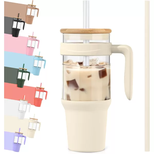 Tronco 40 oz Glass Tumbler with Straw and Lid Leakproof Flip Straw Reusable Glass Tumbler with Handle Iced Coffee Cup with Plastic Lid Glass Water Bottles Fit in Cup HolderSmoothie CupCreamBamboo