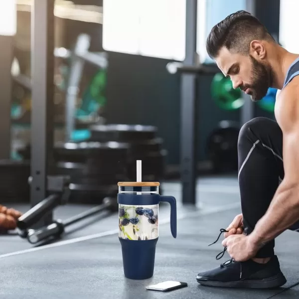 Tronco 40 oz Glass Tumbler with Straw and Lid Leakproof Flip Straw Reusable Glass Tumbler with Handle Iced Coffee Cup with Plastic Lid Glass Water Bottles Fit in Cup HolderSmoothie CupNavy BlueBamboo
