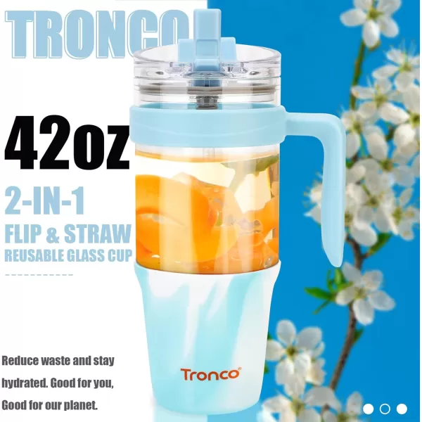 Tronco 40 oz Glass Tumbler with Straw and Lid Leakproof Flip Straw Reusable Glass Tumbler with Handle Iced Coffee Cup with Plastic Lid Glass Water Bottles Fit in Cup HolderSmoothie CupMixedSkyblue