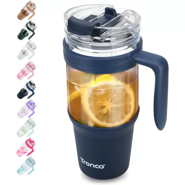 Tronco 40 oz Glass Tumbler with Straw and Lid Leakproof Flip Straw Reusable Glass Tumbler with Handle Iced Coffee Cup with Plastic Lid Glass Water Bottles Fit in Cup HolderSmoothie CupNavy Blue