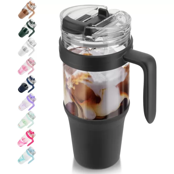 Tronco 40 oz Glass Tumbler with Straw and Lid Leakproof Flip Straw Reusable Glass Tumbler with Handle Iced Coffee Cup with Plastic Lid Glass Water Bottles Fit in Cup HolderSmoothie CupBlack
