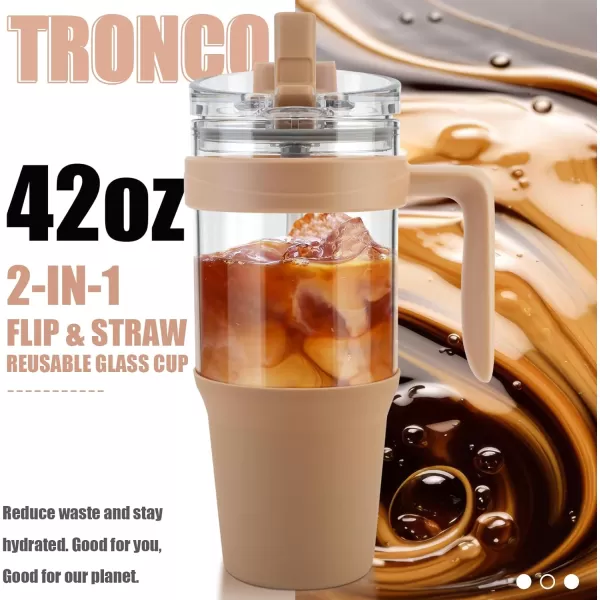 Tronco 40 oz Glass Tumbler with Straw and Lid Leakproof Flip Straw Reusable Glass Tumbler with Handle Iced Coffee Cup with Plastic Lid Glass Water Bottles Fit in Cup HolderSmoothie CupAmber