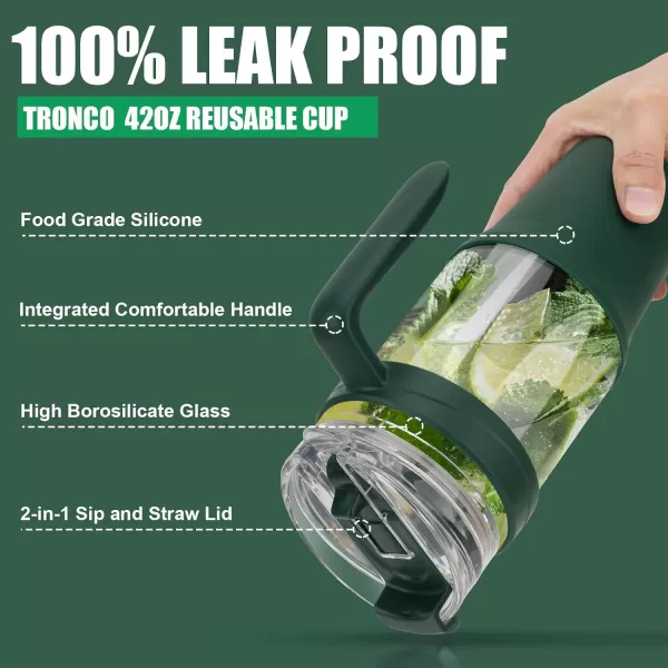 Tronco 40 oz Glass Tumbler with Straw and Lid Leakproof Flip Straw Reusable Glass Tumbler with Handle Iced Coffee Cup with Plastic Lid Glass Water Bottles Fit in Cup HolderSmoothie CupNavy Blue
