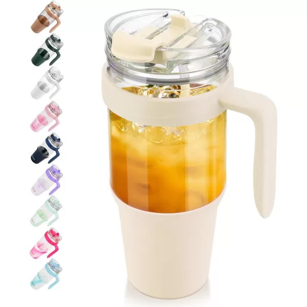 Tronco 40 oz Glass Tumbler with Straw and Lid Leakproof Flip Straw Reusable Glass Tumbler with Handle Iced Coffee Cup with Plastic Lid Glass Water Bottles Fit in Cup HolderSmoothie CupCream