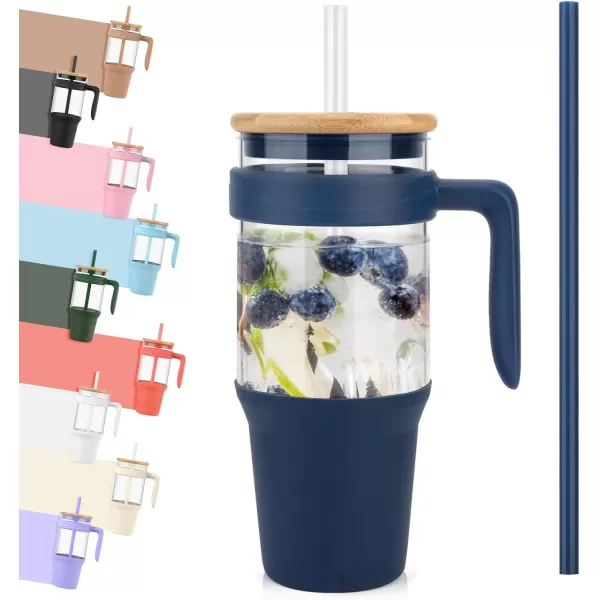 Tronco 40 oz Glass Tumbler with Straw and Lid Leakproof Flip Straw Reusable Glass Tumbler with Handle Iced Coffee Cup with Plastic Lid Glass Water Bottles Fit in Cup HolderSmoothie CupNavy BlueBamboo
