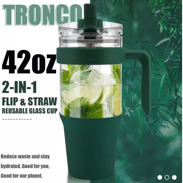Tronco 40 oz Glass Tumbler with Straw and Lid Leakproof Flip Straw Reusable Glass Tumbler with Handle Iced Coffee Cup with Plastic Lid Glass Water Bottles Fit in Cup HolderSmoothie CupGreen