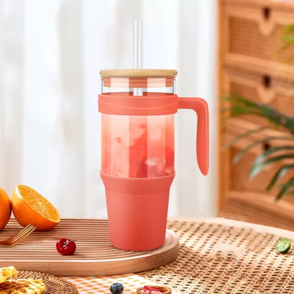 Tronco 40 oz Glass Tumbler with Straw and Lid Leakproof Flip Straw Reusable Glass Tumbler with Handle Iced Coffee Cup with Plastic Lid Glass Water Bottles Fit in Cup HolderSmoothie CupOrangeBamboo