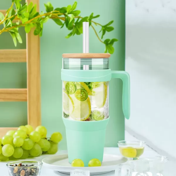 Tronco 40 oz Glass Tumbler with Straw and Lid Leakproof Flip Straw Reusable Glass Tumbler with Handle Iced Coffee Cup with Plastic Lid Glass Water Bottles Fit in Cup HolderSmoothie CupLight GreenBamboo