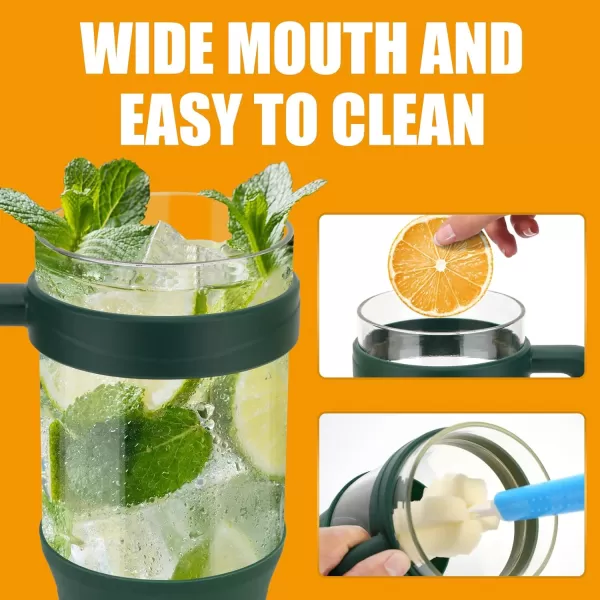 Tronco 40 oz Glass Tumbler with Straw and Lid Leakproof Flip Straw Reusable Glass Tumbler with Handle Iced Coffee Cup with Plastic Lid Glass Water Bottles Fit in Cup HolderSmoothie CupGreen