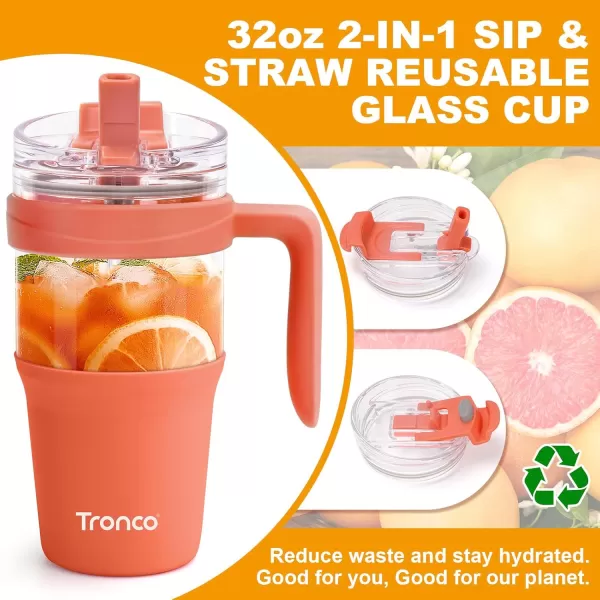 Tronco 40 oz Glass Tumbler with Straw and Lid Leakproof Flip Straw Reusable Glass Tumbler with Handle Iced Coffee Cup with Plastic Lid Glass Water Bottles Fit in Cup HolderSmoothie CupAmber
