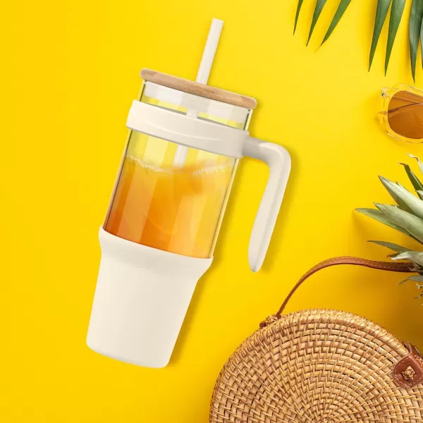 Tronco 40 oz Glass Tumbler with Straw and Lid Leakproof Flip Straw Reusable Glass Tumbler with Handle Iced Coffee Cup with Plastic Lid Glass Water Bottles Fit in Cup HolderSmoothie CupCreamBamboo