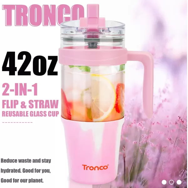 Tronco 40 oz Glass Tumbler with Straw and Lid Leakproof Flip Straw Reusable Glass Tumbler with Handle Iced Coffee Cup with Plastic Lid Glass Water Bottles Fit in Cup HolderSmoothie CupMixedPink