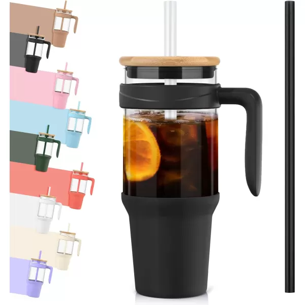 Tronco 40 oz Glass Tumbler with Straw and Lid Leakproof Flip Straw Reusable Glass Tumbler with Handle Iced Coffee Cup with Plastic Lid Glass Water Bottles Fit in Cup HolderSmoothie CupBlackBamboo