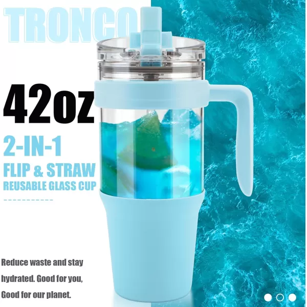 Tronco 40 oz Glass Tumbler with Straw and Lid Leakproof Flip Straw Reusable Glass Tumbler with Handle Iced Coffee Cup with Plastic Lid Glass Water Bottles Fit in Cup HolderSmoothie Cupskyblue
