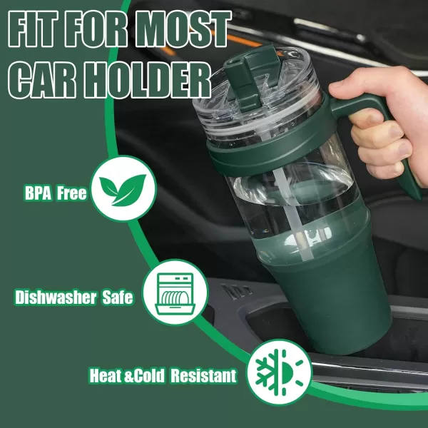 Tronco 40 oz Glass Tumbler with Straw and Lid Leakproof Flip Straw Reusable Glass Tumbler with Handle Iced Coffee Cup with Plastic Lid Glass Water Bottles Fit in Cup HolderSmoothie CupGreen
