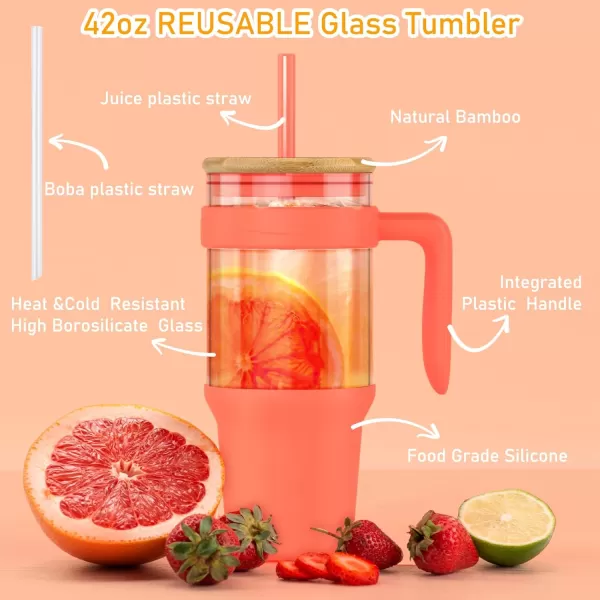 Tronco 40 oz Glass Tumbler with Straw and Lid Leakproof Flip Straw Reusable Glass Tumbler with Handle Iced Coffee Cup with Plastic Lid Glass Water Bottles Fit in Cup HolderSmoothie CupMixedSkyblueBamboo
