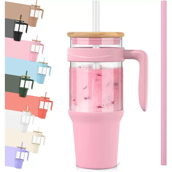 Tronco 40 oz Glass Tumbler with Straw and Lid Leakproof Flip Straw Reusable Glass Tumbler with Handle Iced Coffee Cup with Plastic Lid Glass Water Bottles Fit in Cup HolderSmoothie CupPinkBamboo
