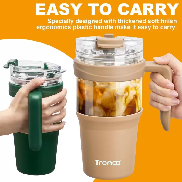 Tronco 40 oz Glass Tumbler with Straw and Lid Leakproof Flip Straw Reusable Glass Tumbler with Handle Iced Coffee Cup with Plastic Lid Glass Water Bottles Fit in Cup HolderSmoothie CupNavy Blue