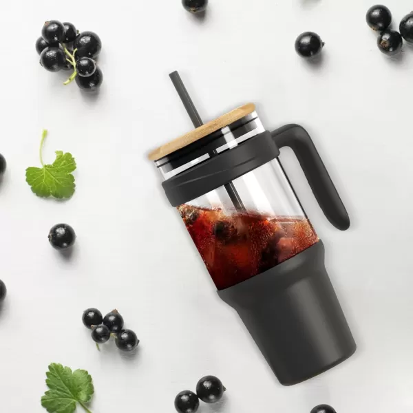 Tronco 40 oz Glass Tumbler with Straw and Lid Leakproof Flip Straw Reusable Glass Tumbler with Handle Iced Coffee Cup with Plastic Lid Glass Water Bottles Fit in Cup HolderSmoothie CupBlackBamboo