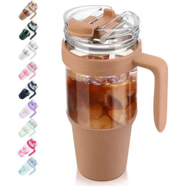 Tronco 40 oz Glass Tumbler with Straw and Lid Leakproof Flip Straw Reusable Glass Tumbler with Handle Iced Coffee Cup with Plastic Lid Glass Water Bottles Fit in Cup HolderSmoothie CupAmber