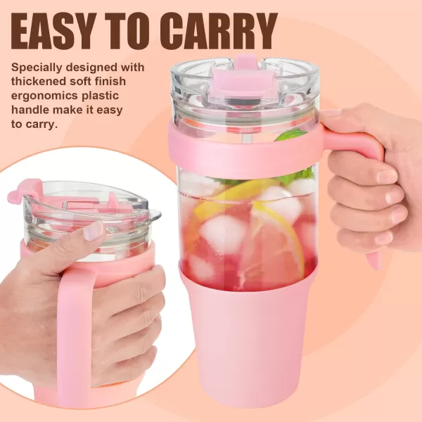 Tronco 40 oz Glass Tumbler with Straw and Lid Leakproof Flip Straw Reusable Glass Tumbler with Handle Iced Coffee Cup with Plastic Lid Glass Water Bottles Fit in Cup HolderSmoothie CupPink
