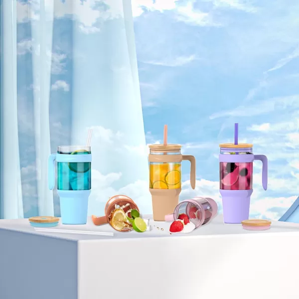 Tronco 40 oz Glass Tumbler with Straw and Lid Leakproof Flip Straw Reusable Glass Tumbler with Handle Iced Coffee Cup with Plastic Lid Glass Water Bottles Fit in Cup HolderSmoothie CupMixedSkyblueBamboo