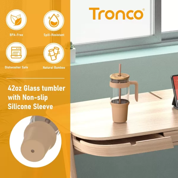 Tronco 40 oz Glass Tumbler with Straw and Lid Leakproof Flip Straw Reusable Glass Tumbler with Handle Iced Coffee Cup with Plastic Lid Glass Water Bottles Fit in Cup HolderSmoothie CupMixedSkyblueBamboo
